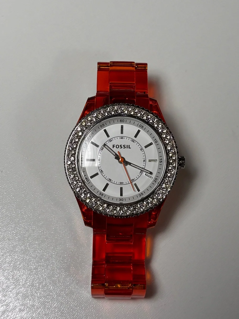 Fossil Stella Orange Red Acrylic Rhinestone Bezel Quartz Watch ES2453